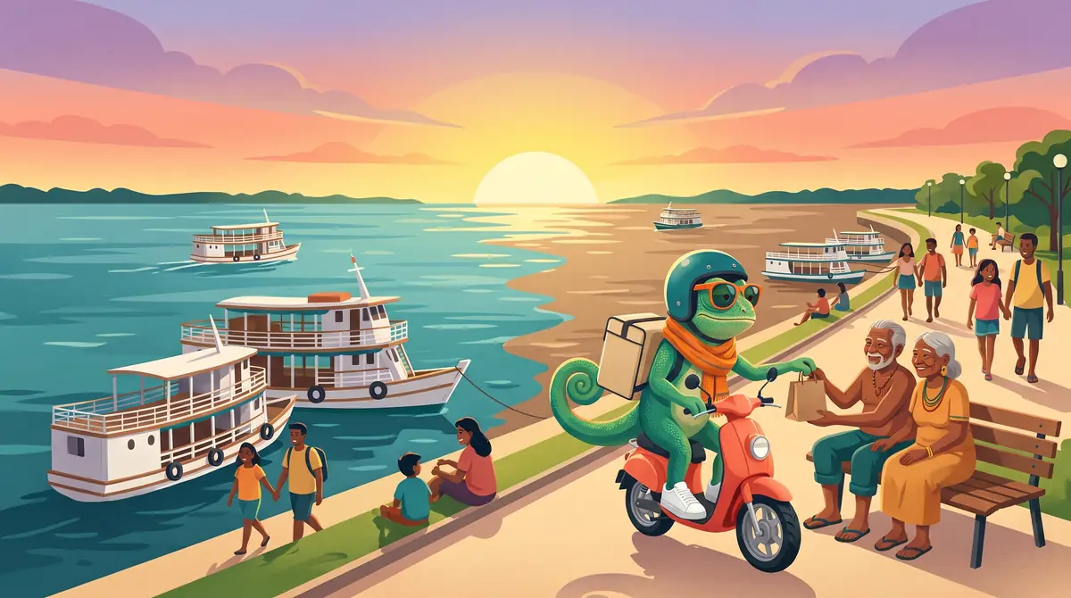 Ilustração da orla de Santarém com o camaleão entregando