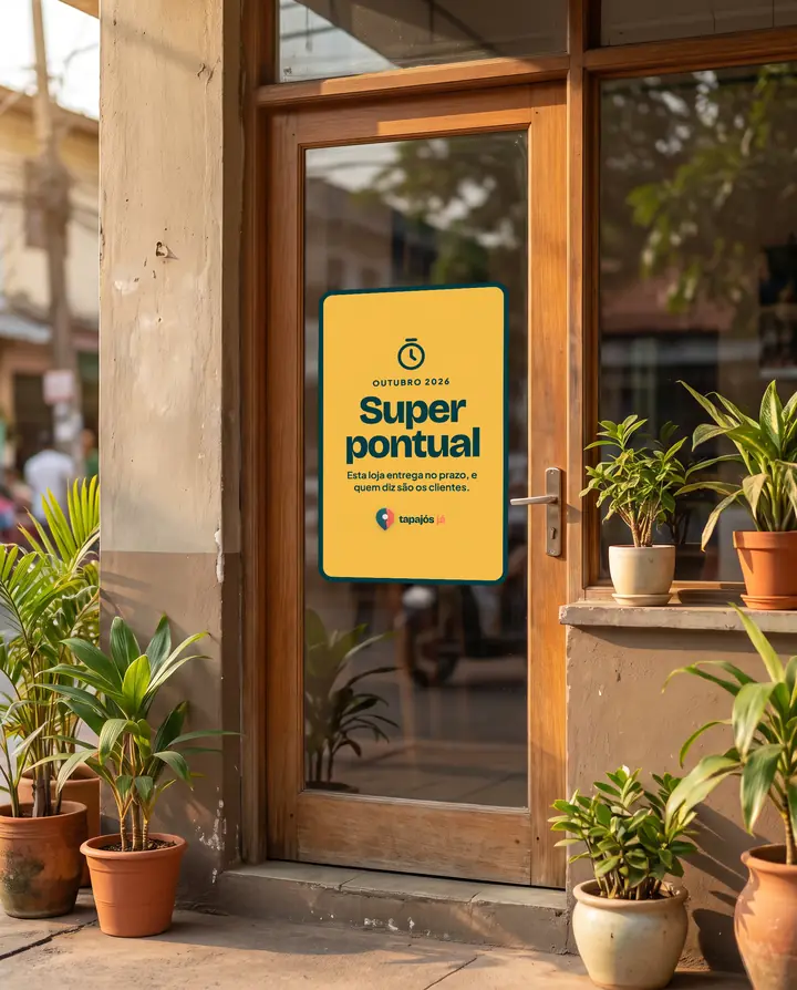Porta de loja com o cartaz Super pontual do Tapajós Já