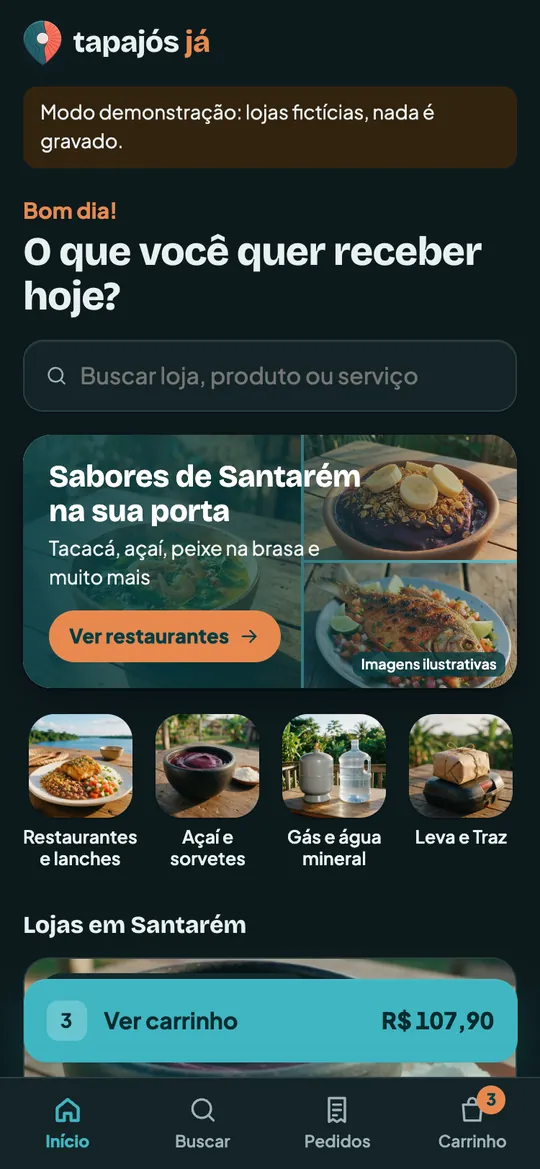 Tela inicial do app com as categorias e as lojas de Santarém